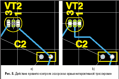 Действие правила контроля зазоров во время интерактивной трассировки