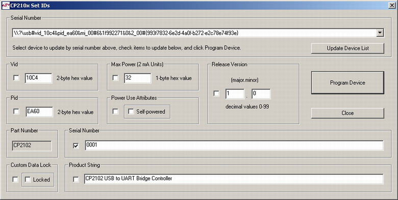 Задание конфигурации CP210x